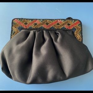 Satin Black evening bag with beading and sequins and shoulder strap.